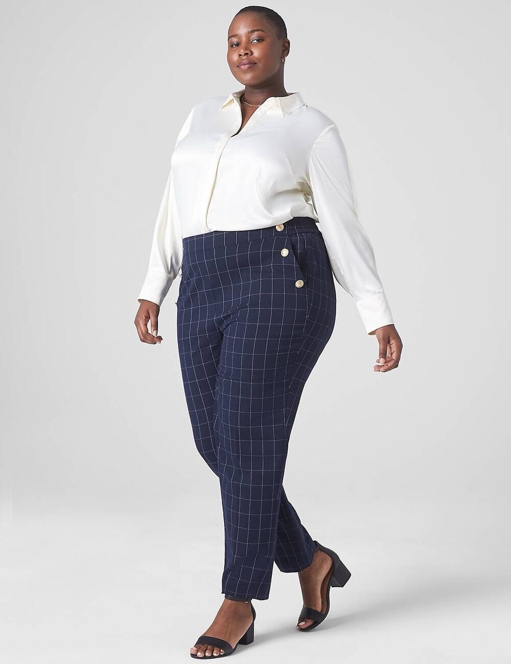 Lane Bryant Perfect Drape Relaxed Ankle Pants 16 Windowpane Plaid Gold Buttons